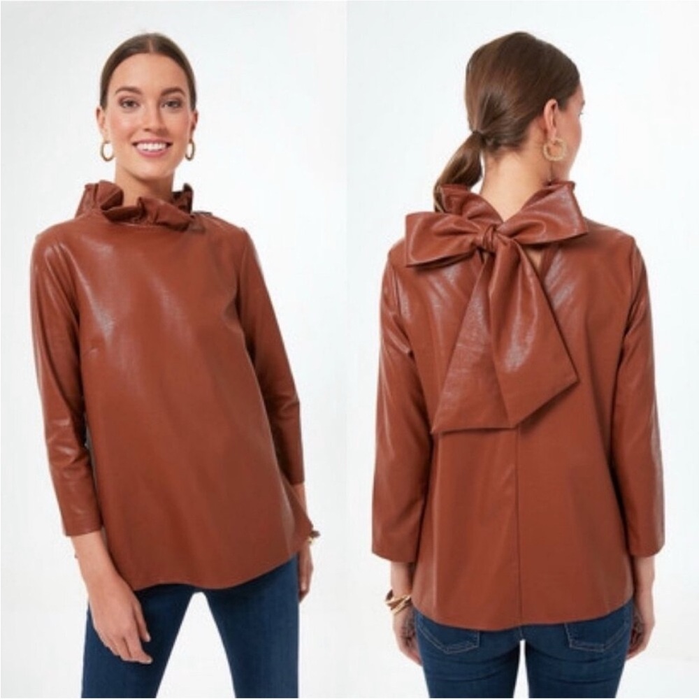 Tuckernuck Faux Leather Ruffle Mock Neck Top | Brown/Cognac | XS